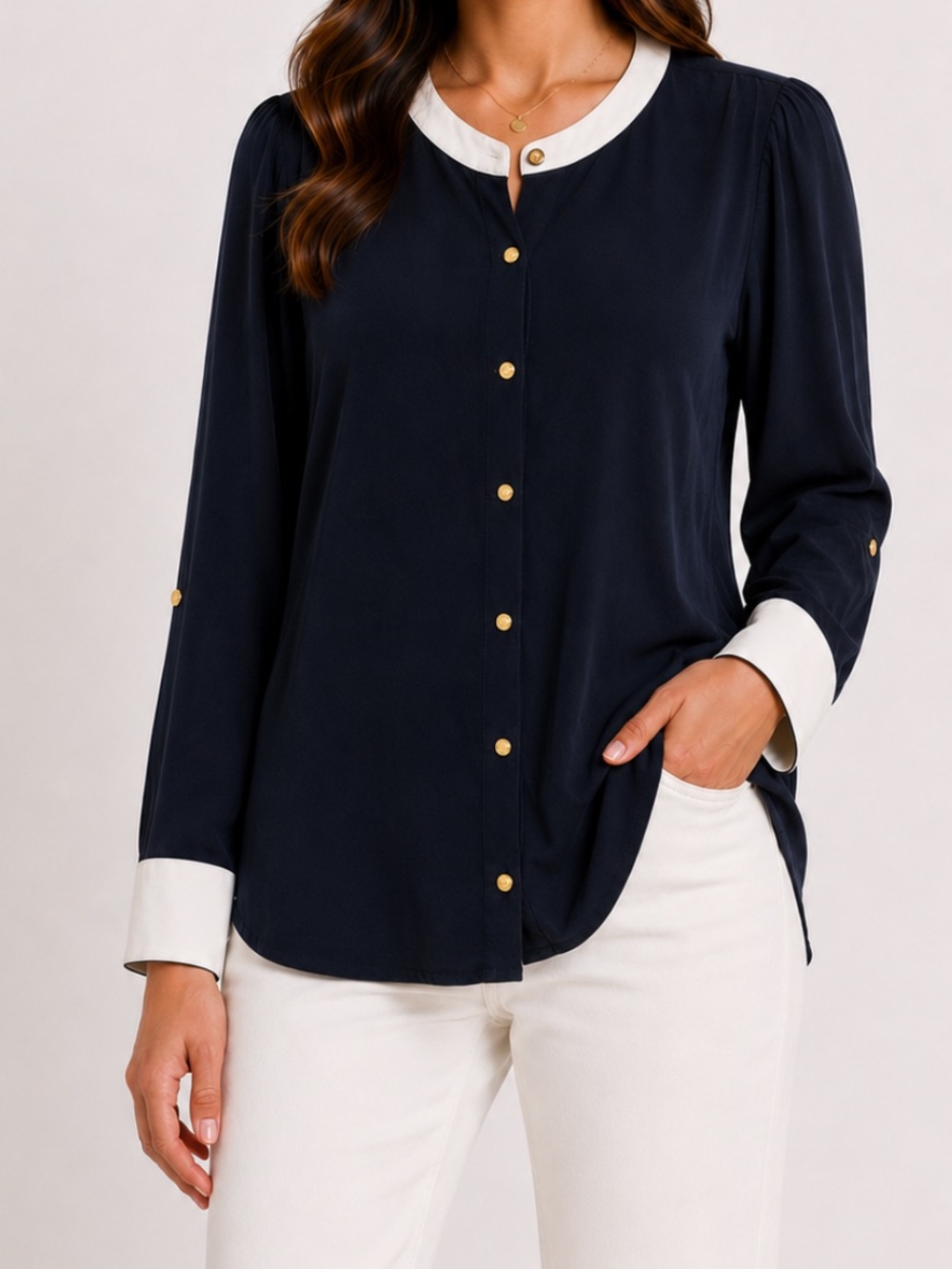 Femme Equipment Silk Navy Blouse with gold buttons Large